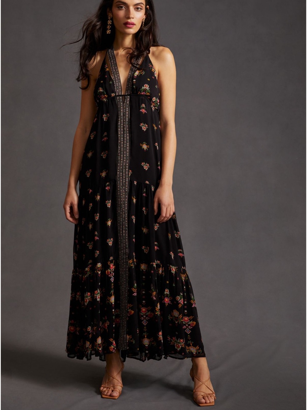 Anthropologie Black Floral Halter Maxi Dress